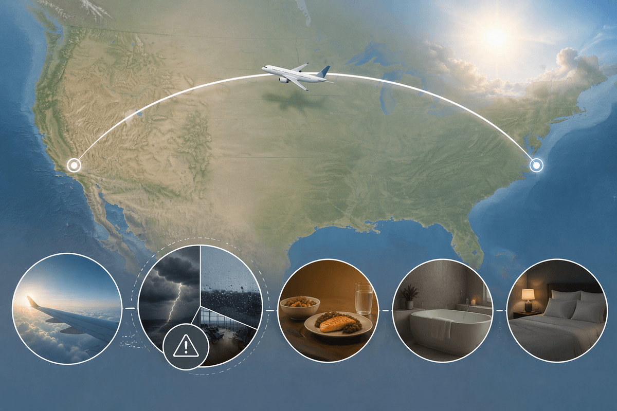 Cross-country transition: flights, time zones, resets